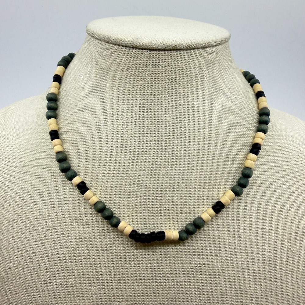 Green Black Cream Wooden Bead Long Necklace Boho Earthy Surfer Unisex Layering